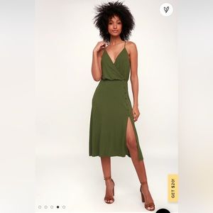 LuLus Palm Tree Breeze Olive Green Ribbed Midi Dress